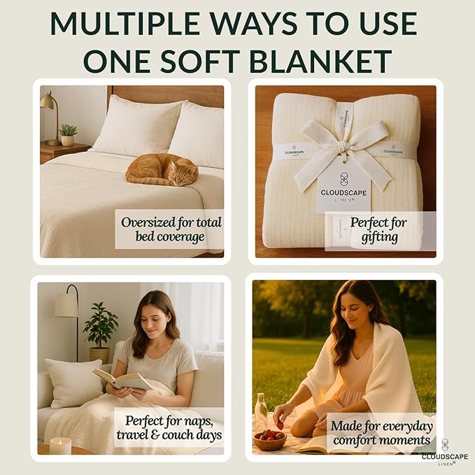 Cloud Scape Linen 4 Layer Oversized Muslin Blanket King Size - 100% Cotton, Weighted & Breathable All Season,Winter Layering Blanket, Perfect, fits Cal King Bed, 92x108, Ivory