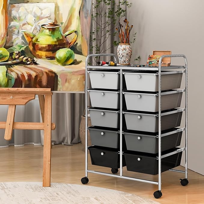 RELAX4LIFE Rolling Storage Cart with 10 Drawers - Craft Storage Cart with Lockable Wheels,Utility Cart, Art Cart Organizer for Crafting Storage, Office, School Rolling Drawer Cart (Gradient Black)