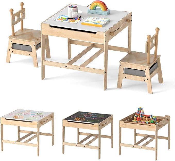 Costzon Kids Table and Chairs, 4 in 1 Wooden Activity Desk Set w/Reversible Whiteboard & Chalkboard, Hidden Storage Space and Drawers for Arts, Crafts, Play, Toddler Table and Chair Set (Alien Shape)