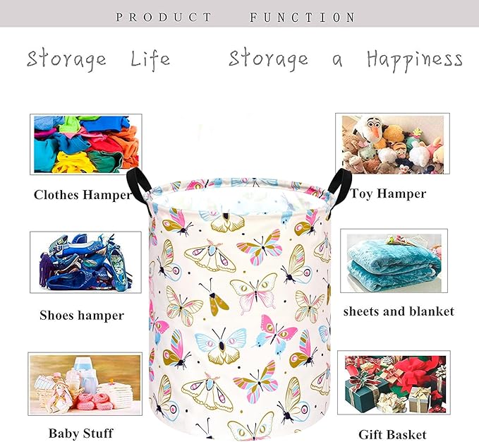 KUNRO Spring Butterfly Laundry Gift Basket Storage Hamper, Kids Toys and Clothes Storage Organizer Bins, Toy Shelf Basket with Handles for Room Decor
