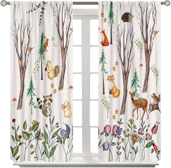 Forest Animal Kids Curtains, Watercolor Cartoon Window Treatments, Cute Animal Floral Girl Toddler Home Bedroom Living Room Drapes 84x84in