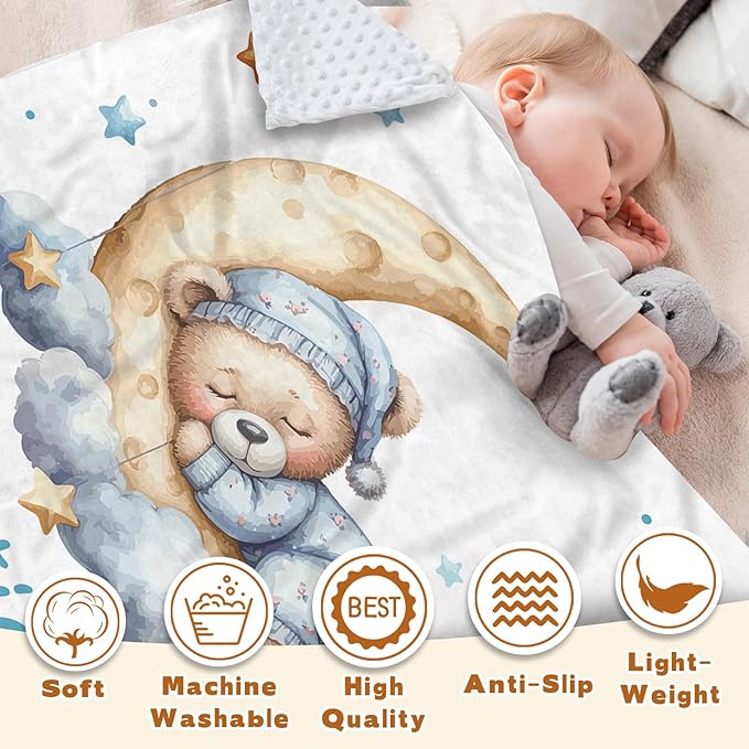 Personalized Baby Blanket with Name, Customized Blanket for Newborn Boys Girls, Sleepy Bear Theme Baby Name Blanket with Dotted Backing, Receiving Swaddle, Baby Shower Birthday Gifts(60" x80)
