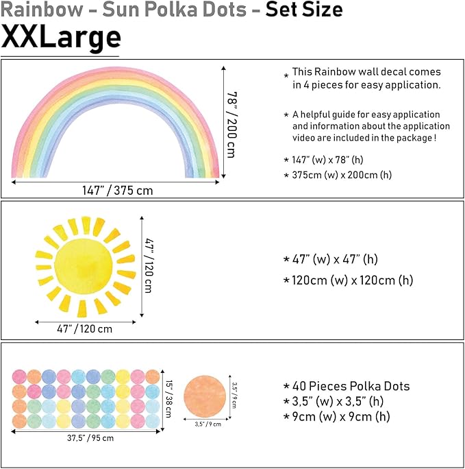 Watercolor Rainbow, Sun, Polka Dots Wall Decal for Kids Room, Nursery, Baby Room Decor, Polka Dots Mural, Rainbow Wallpaper (Rainbow-Sun-Polkadots, XXLarge)