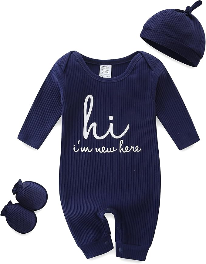 Baby Romper with Baby Mittens & Newborn Hats Footless Long Sleeve Solid Onesie Hi Im New Here