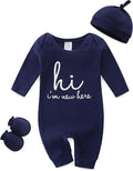 Baby Romper with Baby Mittens & Newborn Hats Footless Long Sleeve Solid Onesie Hi Im New Here