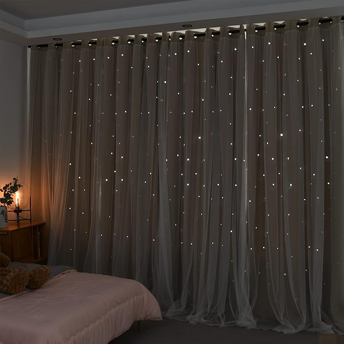 Kinryb Kids Blackout Curtains for Bedroom/Living Room/Classroom, Sheer Overlay 2 Panel Set, Double Layer Curtains with Star Cutout for Kids Room(Each Piece W 70 x L 63 Inches 2 Pcs Beige)