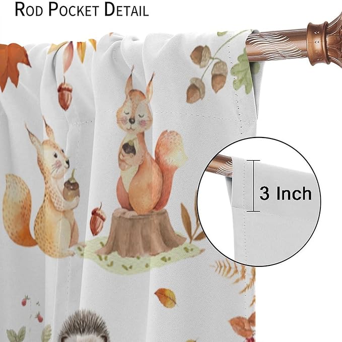 Fall Animails Curtains for Kids, Rustic Cute Woodland Wild Animal Window Treatments Watercolor Autumn Leaves Cartoon Fox Deer Window Drapes for Nursery Toddler Bedroom 42x63in