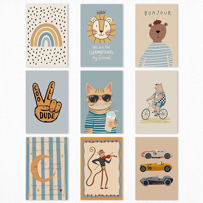 9 Pieces Nursery Canvas Wall Art, Cute Milkshake Cat Poster, Happy Bear and Violin Playing Monkey Kids Poster, Boys Playroom Cars Picture, Cozy Rainbow Dots and Smiling Moon Print 12x16in Unframed