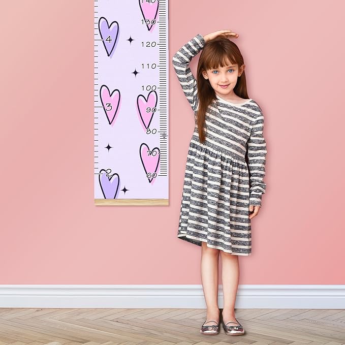 Personalized Kids Name Growth Chart Ruler for Wall Wood Frame Height Measure Chart 13.4x56 in Linen Hanging Height Growth Chart Pink Purple Kids Room Decor