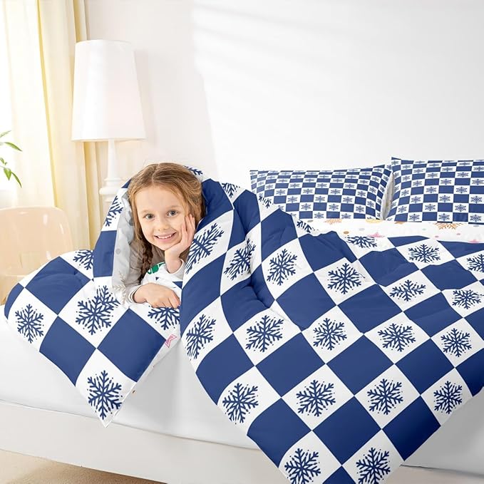 Feelyou Christmas Bedding Set Soft for Boys Girls, Checkered Comforter Set Queen Size Snowflake Duvet Quilt Microfiber Xmas Decorations Bedroom Decor Blue 3 Pcs with 2 Pillow Cases