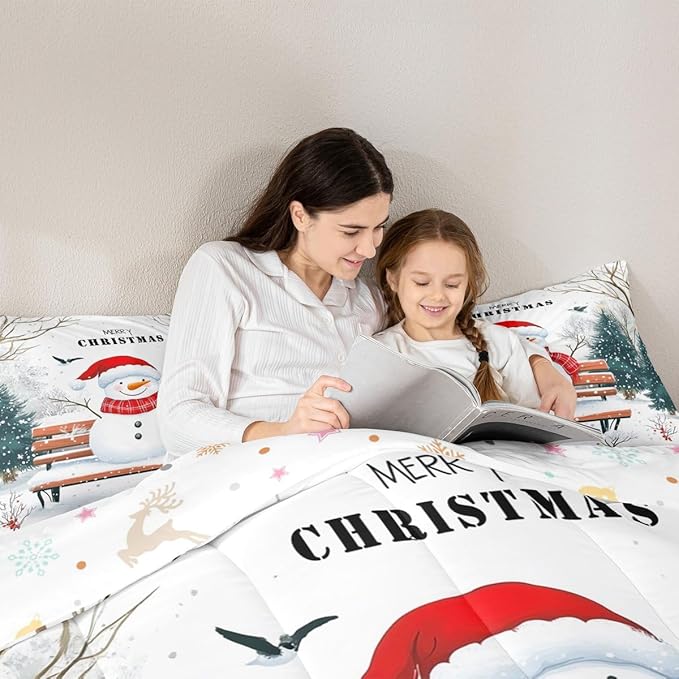Feelyou Merry Christmas Comforter Set Toddler Size Cute Snowman Bedding Set for Kids Boys Girls Snowflake Duvet Quilt Christmas Tree Bedroom Decor Microfiber 2 Pcs with 1 Pillow Cases