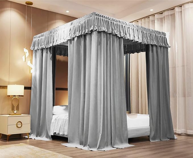 VETHIN Elastic Roof Style Four Corner Post Princess Bed Canopy Curtains Cozy Breathable Tent Canopy Mosquito Net for Girls & Adults Bedroom Decoration (Grey, 70-78" W*86" L*82"*H/(King))