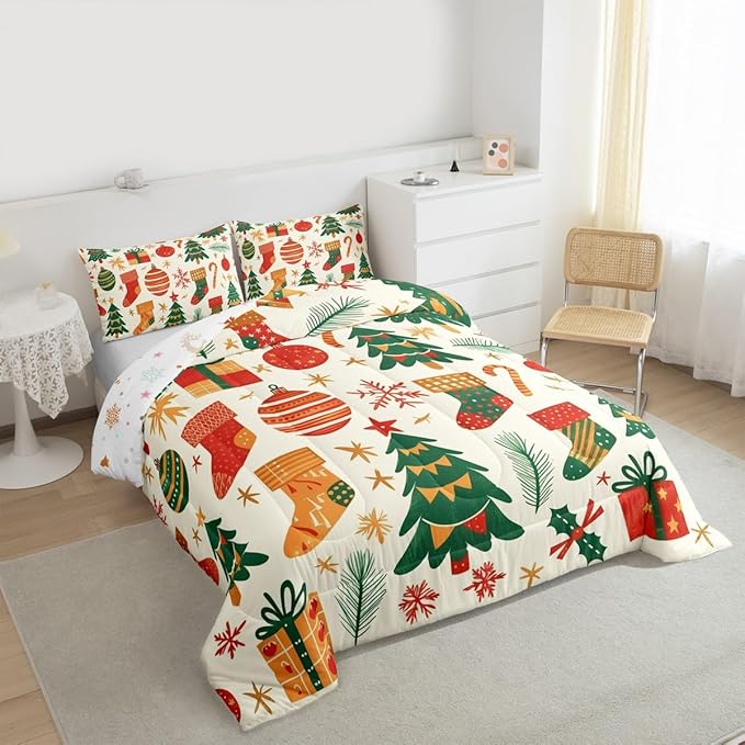 Feelyou Christmas Comforter Set All Season Xmas Tree Bedding Set with 1 Pillow Cases New Year Gift Microfiber Kids Twin Bedclothes Christmas Stockings Bedroom Decor Duvet Quilt Breathable Soft