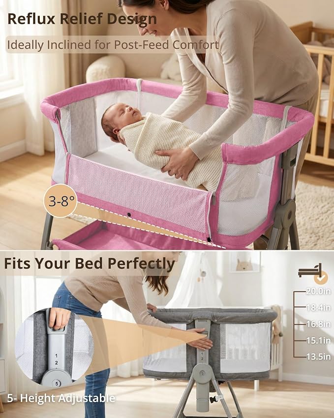 Baby Bassinet Bedside Sleeper, 3 in 1 Rocking Bassinet for Baby, Arms Reach Co Sleeper Bassinet with Wheels, Adjustable Height, Storage, Mattress & Canopy (Pink)