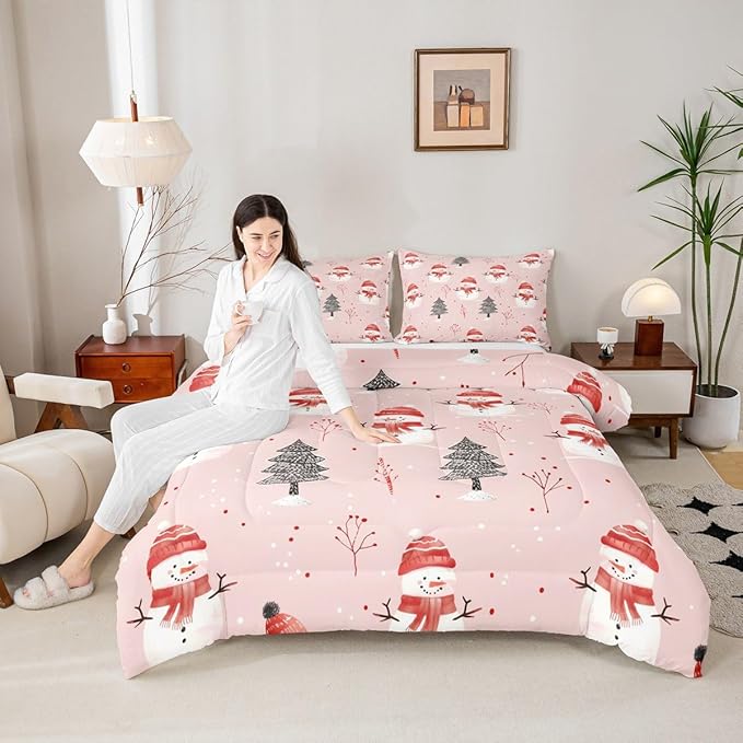 Feelyou Cute Snowman Bedding Set Soft for Boys Girls, Christmas Trees Comforter Set Toddler Size Xmas Snowflake Duvet Quilt Microfiber Christmas Decor Bedroom Decor Holiday 2 Pcs with 1 Pillow Cases