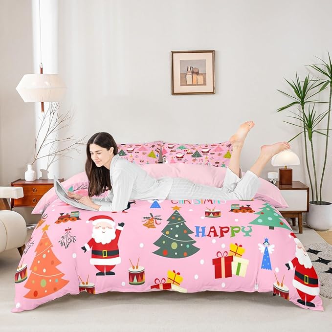Christmas Bedding Duvet Cover Set Kids Santa Claus Xmas Theme Bedding Set Boys Girls Decor Christmas Tree Comforter Cover Set Microfiber Pink New Year Bedspread Cover Bedroom Bedclothes King Size