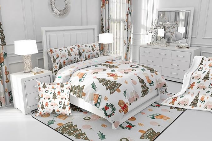 Feelyou Xmas Tree Car Comforter Set All Season Gingerbread Man Bedding Set with 2 Pillow Cases Garland Microfiber Kids King Bedclothes Bedroom Decor Duvet Quilt Breathable Soft