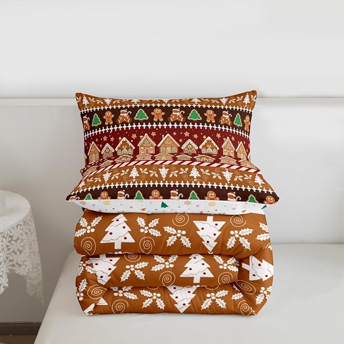 Feelyou Merry Christmas Comforter Set Twin Size Greenland Home Bedding Set for Kids Boys Girls Xmas Tree Duvet Quilt Striped Bedroom Decor Microfiber 2 Pcs with 1 Pillow Cases