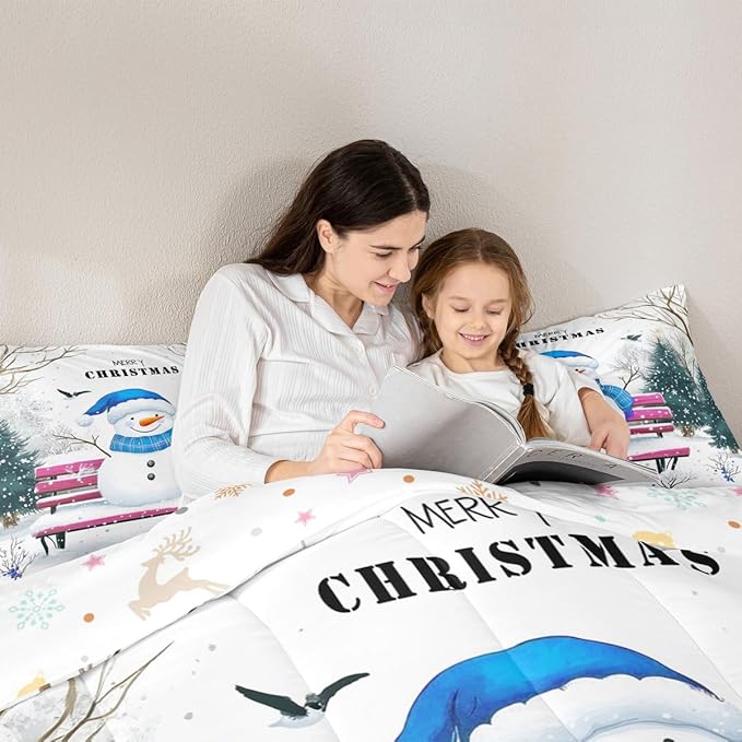 Feelyou Merry Christmas Bedding Set Soft for Boys Girls, Cute Snowman Comforter Set Queen Size Snowflake Duvet Quilt Microfiber Christmas Tree Bedroom Decor 3 Pcs with 2 Pillow Cases