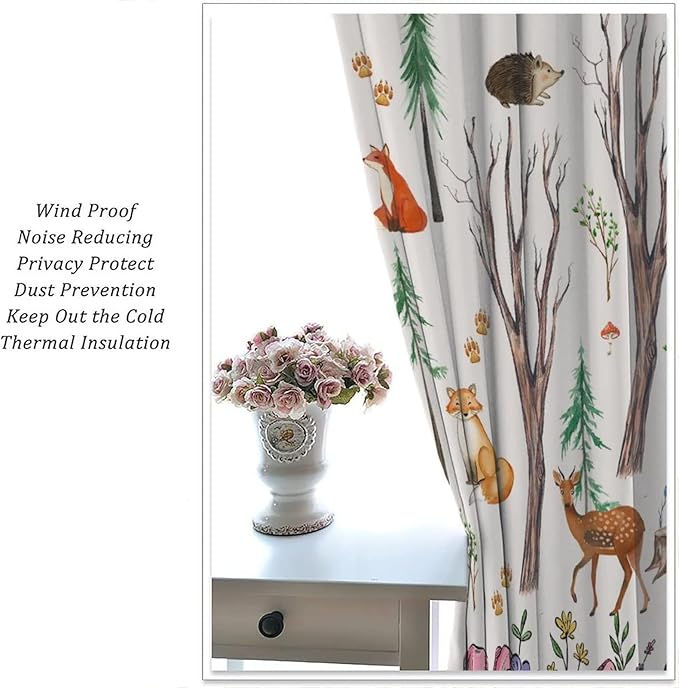 Forest Animal Kids Curtains, Watercolor Cartoon Window Treatments, Cute Animal Floral Girl Toddler Home Bedroom Living Room Drapes 63x63in