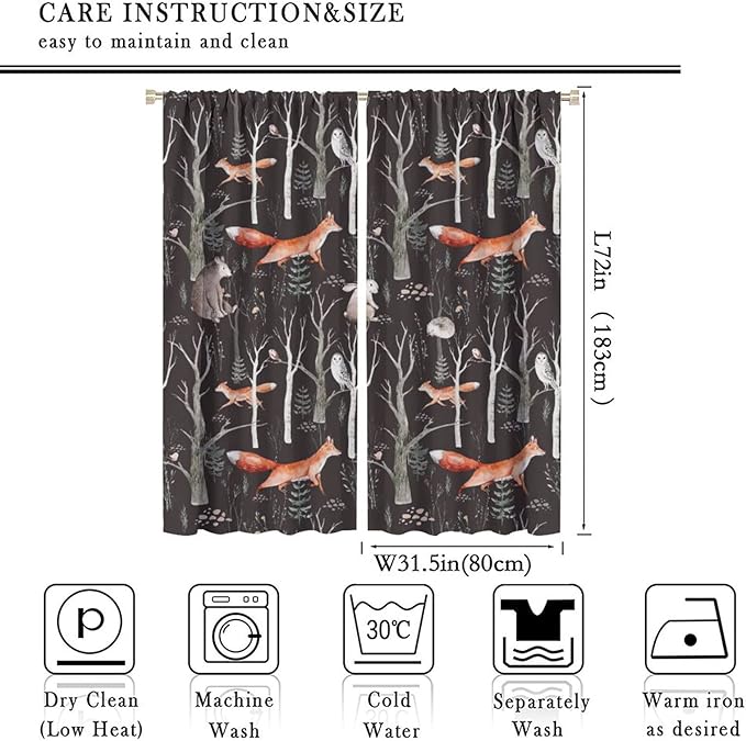 Rustic Forest Curtain, Woodland Country Hunting Animal Deer Fox Wildlife Bear Farmhouse Lodge Cabin Blackout Rod Pocket Windows Door Curtain for Bedroom Living Room Home Decor 63x72in