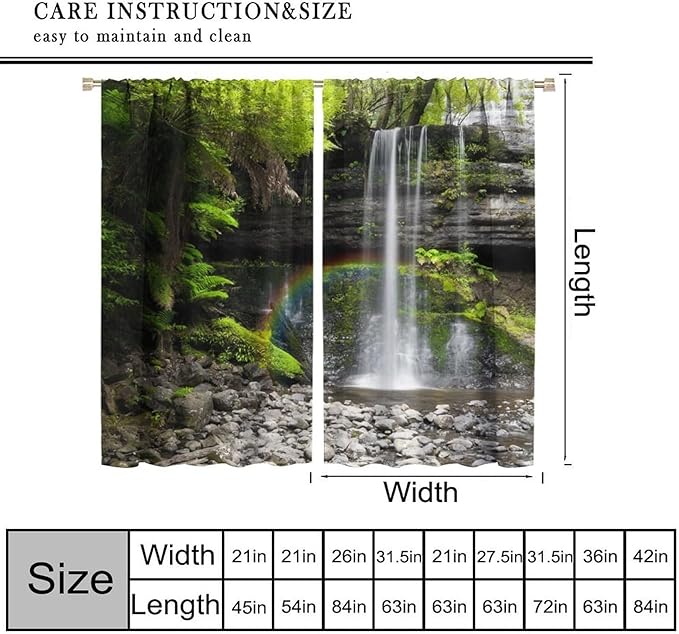 Natural Landscape Waterfall Blackout Curtains, Forest Falls Spring Natural Scenery Green Plant Tree Leaf Rod Pocket Window Drapes, for Bedroom Living Room 42" W X 45" L