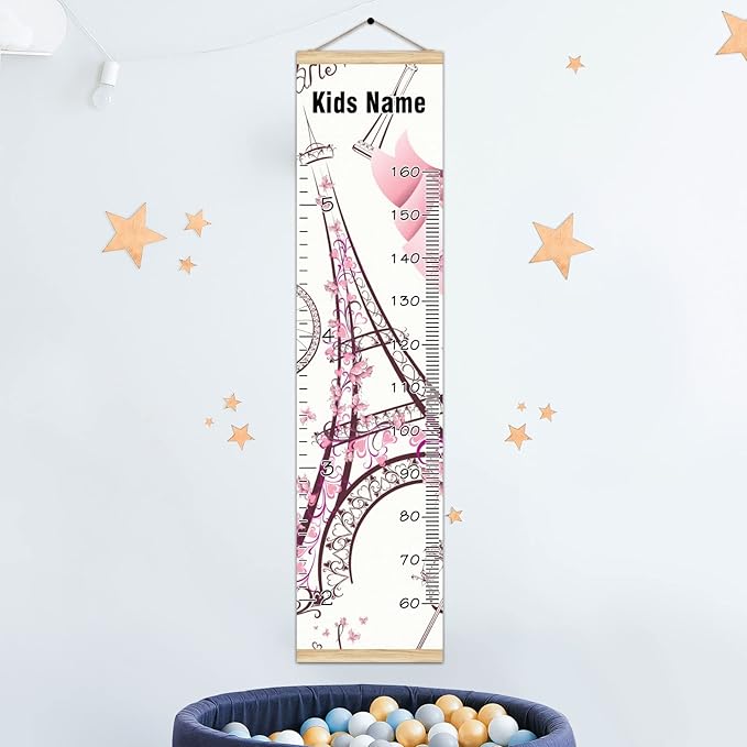 Personalized Kids Name Growth Chart Ruler for Wall Wood Frame Height Measure Chart 13.4x56 in Linen Hanging Height Growth Chart Paris Eiffel Tower Pink Retro Kids Room Decor