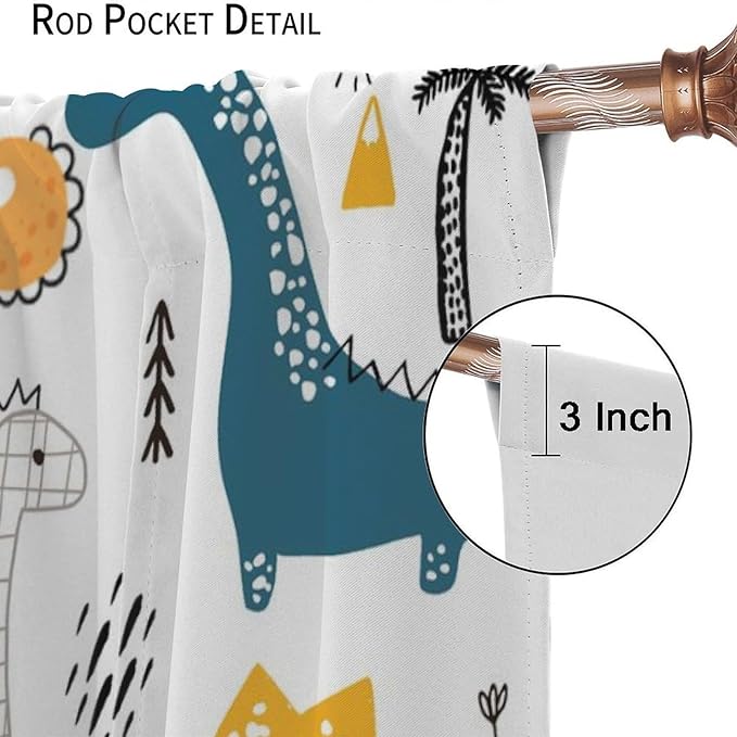 Dinosaur Curtains, Cartoon Dino Cute Safari Animal Print Pattern Blackout Window Treatments, Rod Pocket Thermal Insulated Drapes 2 Panel Sets for Kids Boys Bedroom Nursery Classroom, 63" W X 63" L