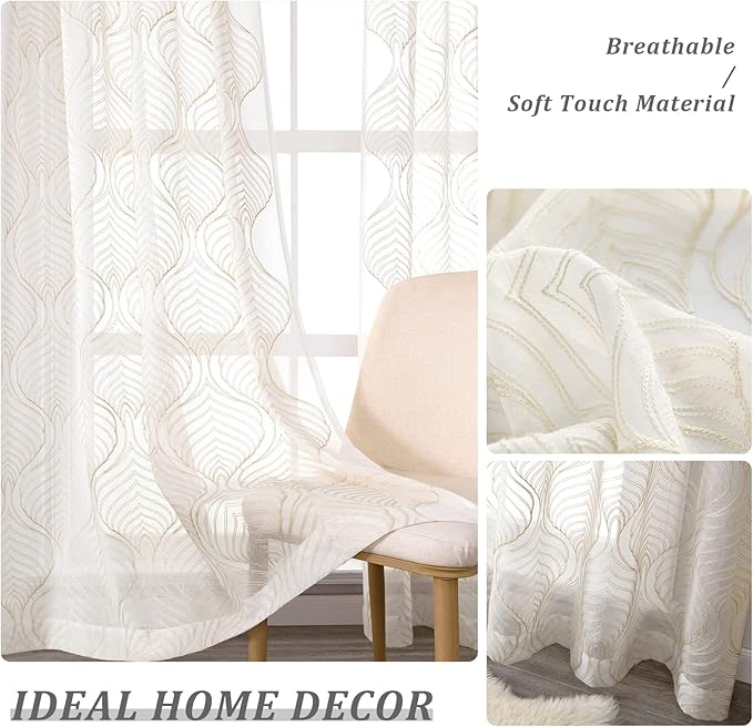 VISIONTEX Sheer Curtains 63 Inch Length 2 Panels Set Beige Moroccan Embroidery Texture Geometric Rod Pocket Ivory White Voile Tulle Semi Window Treatment Pair for Bedroom Living Room 54 x 63 Inches