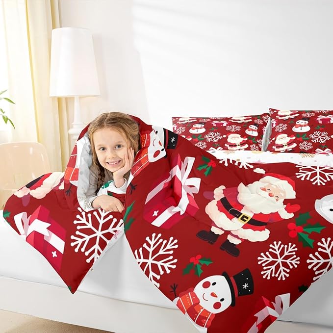 jejeloiu Merry Christmas Comforter Set King Size Xmas Santa Claus Bedding Set for Kids Boys Girls Cute Snowman Duvet Quilt Red Bedroom Decor