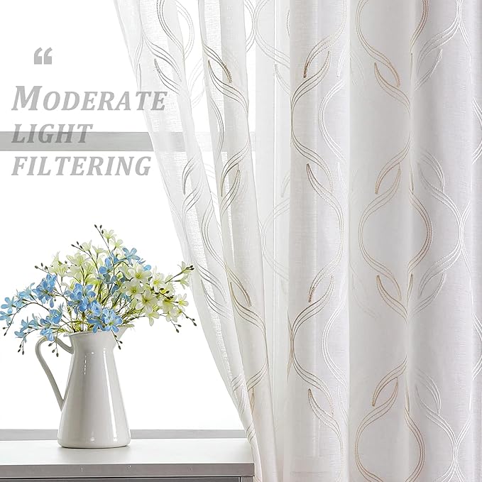 VISIONTEX Sheer Curtains 72 Inches Long 2 Panels Set, Beige and Ivory Moroccan Embroidery Texture Geometric Rod Pocket White Voile Tulle Semi Window Treatment Pair for Bedroom, W54 x L72