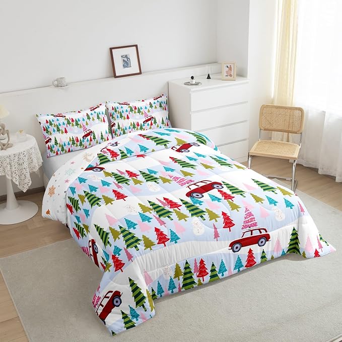 Feelyou Christmas Trees Bedding Set for Kids Boys Girls Full Size Christmas Truck Comforter Set Ultra Soft Winter Snowman Comforter Xmas Duvet Quilt Bedroom Decor Christmas Ornaments Quilt