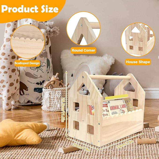 Double-Sided Montessori Scalloped Bookshelf for 1-5 Years, Nursery Cute Storage for Books, House Shape Wooden Nursery Small Bookshelf, Room Furniture, Baby Bookcase 12 * 11.6 * 7.9"