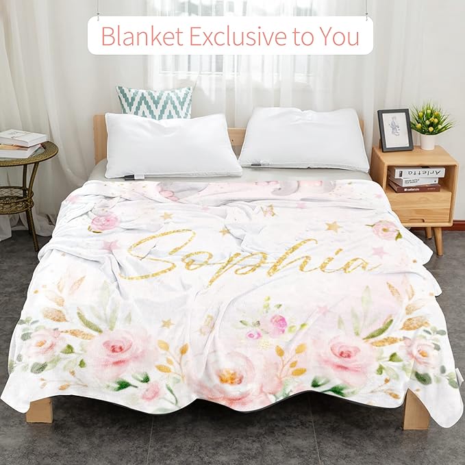 Custom Elephant Blanket with Name for Girl, Personalized Name Blanket for Kids, Soft Flannel Pink Elephant Toddler Blanket Customized Gift for Birthday Christmas Children Day 40x50inch