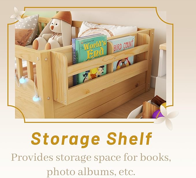 Montessori Floor Bed Full for Kids, Full Size Floor Bed with High Rails & Storage Shelf, Wood Baby Floor Beds with LED Light for Boys & Girls, Natural