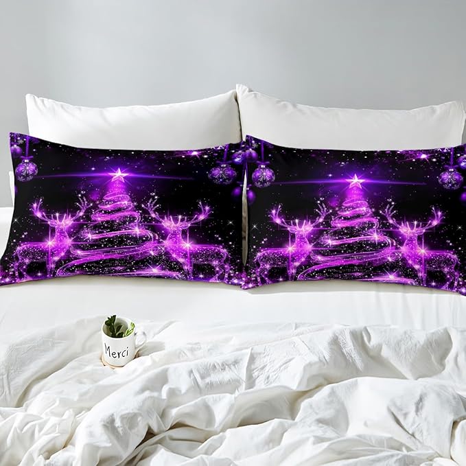 Manfei Christmas Tree Duvet Cover Set Queen Size Purple Twinkling Deer Comforter Cover Western New Year Bedding Set 3pcs for Kids Boys Girls Christmas Theme Quilt Cover with 2 Pillowcases,No Comforter