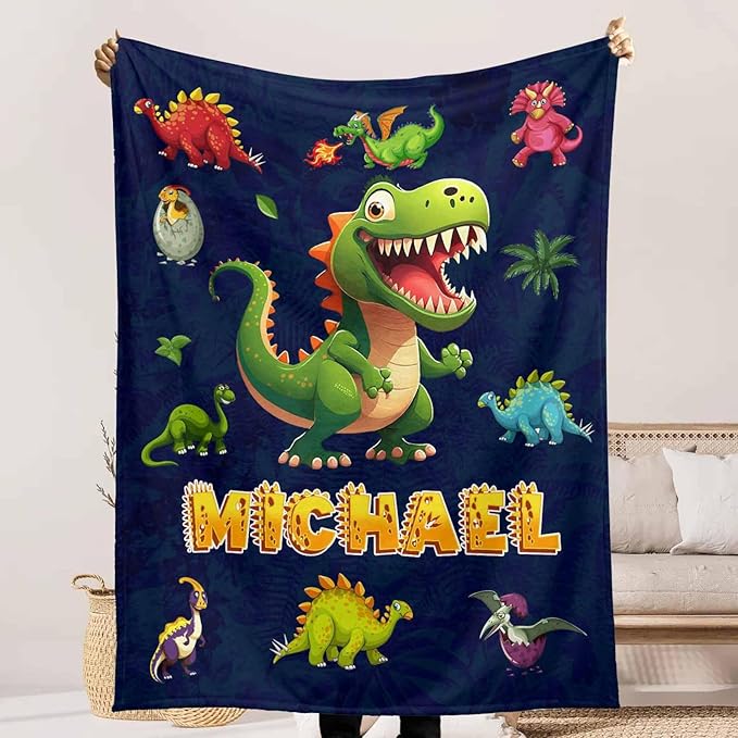 Ship Next Day, Custom Baby Blanket with Name for Boys Girls, Dinosaur Blankets, Personalized Name & Animals Blankets for Kids Teens, Christmas Birthday Gifts for Daughter Son Nephew Niece