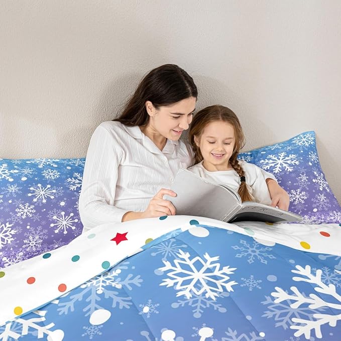 Feelyou Blue and Purple Snowflake Bedding Set Soft for Boys Girls, Winter Snowflake Comforter Set Full Size Christmas Duvet Quilt Microfiber Holiday New Year Bedroom Decor 3 Pcs with 2 Pillow Cases