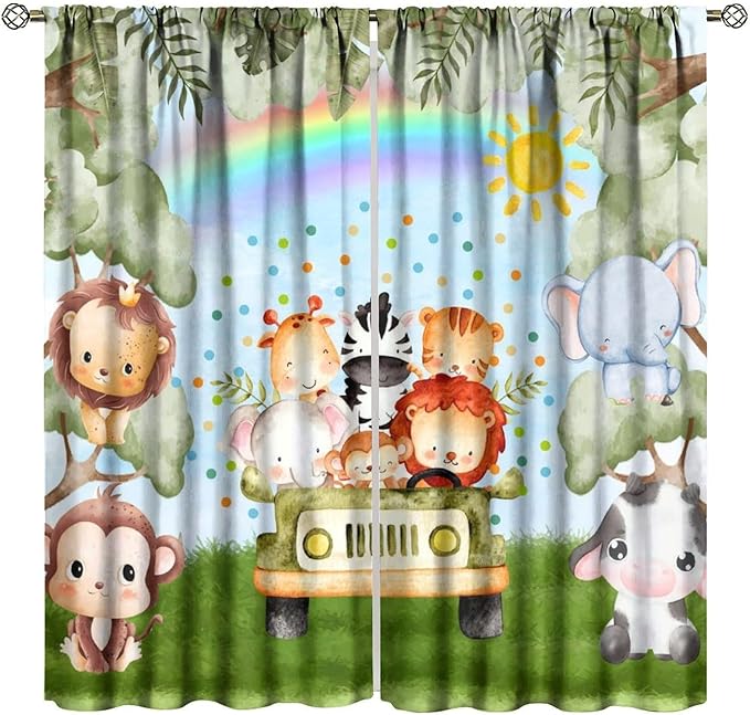 Woodland Kids Curtains Rustic Woodland Wild Animals Watercolor Forest Rainbow Sun Window Draeps for Baby Girls Boys Kids Nursery Bedroom Living Room 2 Panels, 63x63 Inch