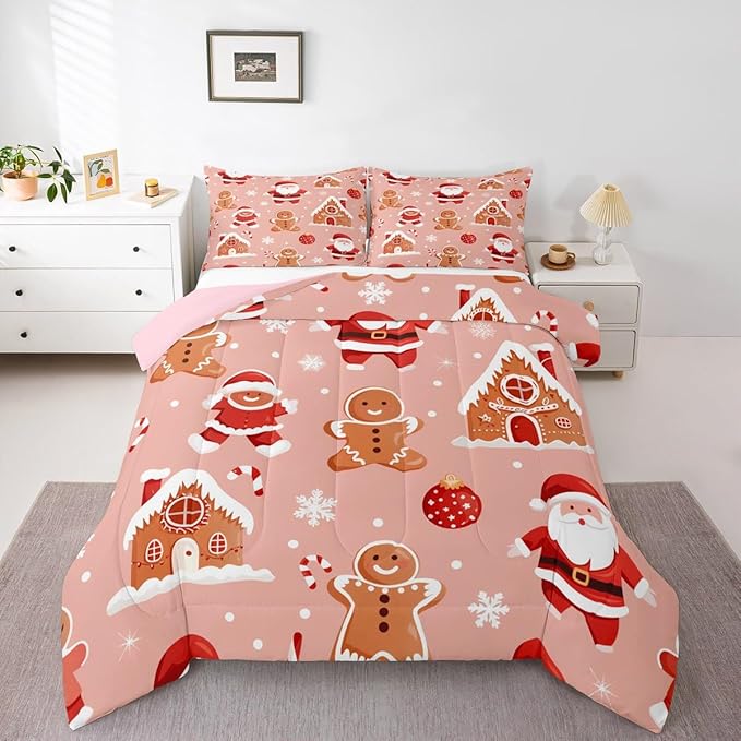 Feelyou Christmas Kids Comforter Set King Size Santa Bedding Set Gingerbread Man Duvet Quilt for Kids Boys Girls Bedroom Snowflake Decor Microfiber Ultra Soft Breathable
