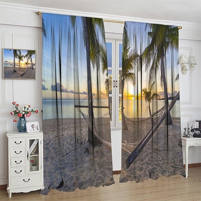 Ocean Beach Curtains,Morning Sunrise Hawaiian Seaside Scene Pattern Blackout Print Home Bedroom Living Room Window Treatments 2 Panel Set 84x84 Inch