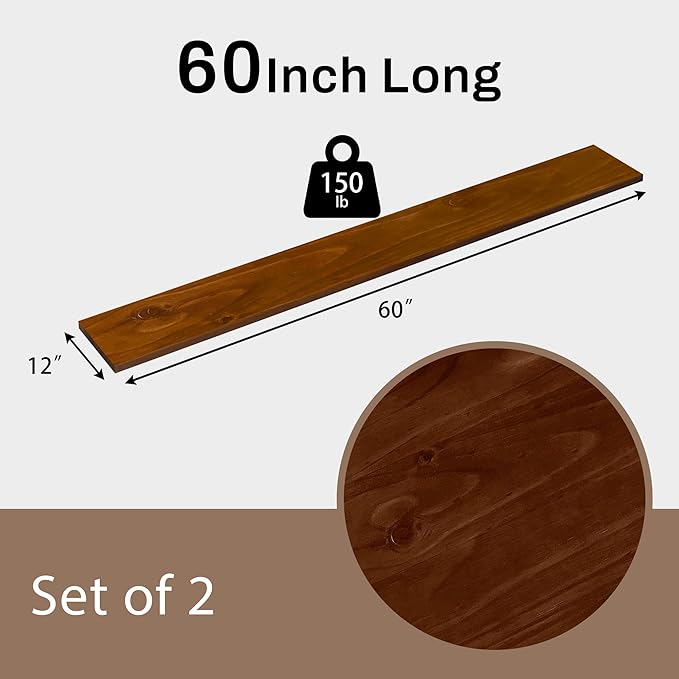 12x60 Inch Rustic Walnut Wood Floating Shelves 2-Pack - Farmhouse Walnut Wall Shelves with 100 lbs Capacity, Easy Installation for Living Room, Kitchen, Bathroom