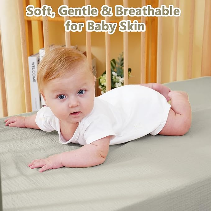 Muslin Crib Sheet – 100% Cotton Baby Fitted Sheet for Boys & Girls, Ultra Soft & Breathable, Snug Fit with 360° Elastic, Fits Standard Crib Mattress 28" x 52" & Toddler Beds.
