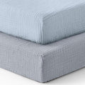 Blissful Diary Muslin Crib Sheets for Girl Boy, Boho Neutral Soft Cotton Baby Sheet for 52''x28'' Standard Crib Mattress, 2 Pack(Light Blue&Grey)