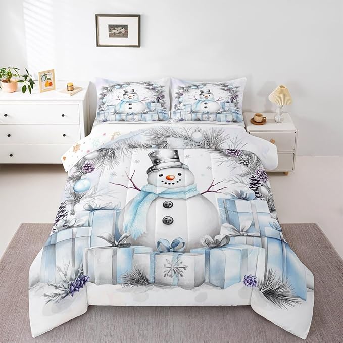 Feelyou Merry Christmas Kids Comforter Set Toddler Size Cute Snowman Bedding Set Duvet Quilt for Kids Boys Girls Bedroom Snowflake Decor Microfiber Ultra Soft Breathable