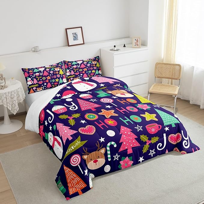 Merry Christmas Kids Comforter Set Full Size,Cartoon Santa Claus Snowman Bedding Set,Boys Girls Adults Room Decor,Pines Deer Cute Xmas Down Comforter,Colorful Romantic Duvet Insert,2 Pillowcases