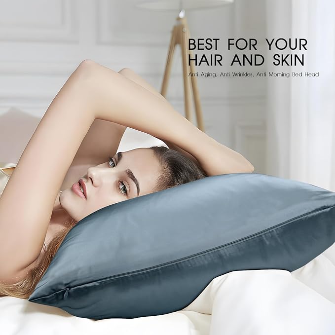 100% Mulberry Silk Pillowcase with Hidden Zipper,Both Sides Pure Silk Breathable Pillow Case for Hair and Skin,19 Momme Grade 6A,1pc,Ash Blue,Queen Size 20x30 Inches