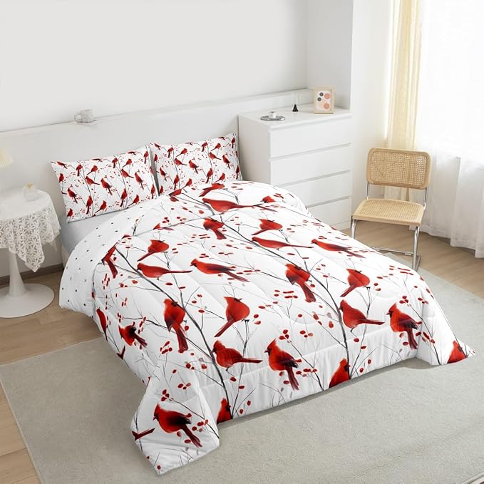 Feelyou Berries and Cardinals Pattern Comforter Set All Season Red Cardinal Bedding Set with 2 Pillow Cases Christmas Kids Full Bedclothes Bird Print Decor Animal Decor Duvet Quilt Soft Lightweight
