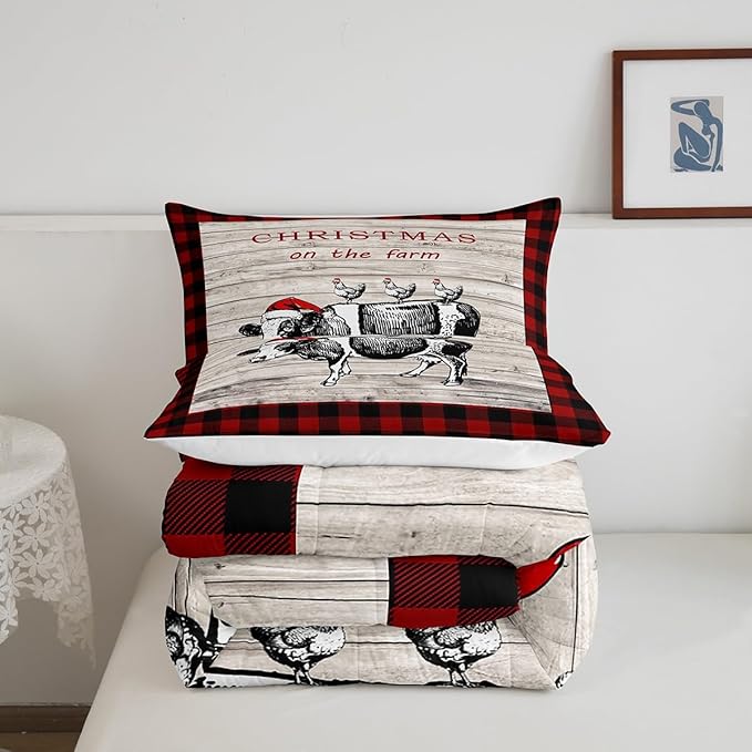 Castle Fairy Cartoon Cow Chicken Bed Comforter Set Queen Size,Vintage Wooden Plank Red Grids Super Soft Microfiber Bedding Set for Adults Men,Christmas Farm Decorative Comforter Set,3 Pcs