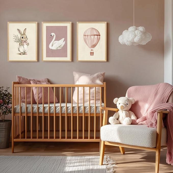 kilamino Pink Baby Girl Nursery Wall Art, Neutral Cute Rabbit and Swan Wall Decor, Vintage Hot Air Balloon Poster Prints, Pastel Bunny Animals Canvas Paintings for Baby Room Wood Framed 16"x24"x3